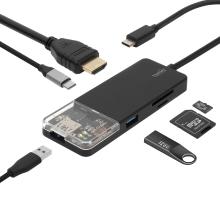 USBHUB6 - Home USBHUB6 dokkoló állomás, 4K HDMI, egér, billentyűzet, TF/microSD, SD, USB tároló, merevlemez, ~100 W PD, plug & play, LED visszajelzés